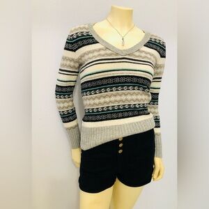 Old Navy V-Neck Striped Fair Isle Sweater in Gray, Ivory and Teal